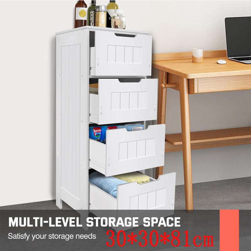 4-Drawer Floor Standing Cabinet Unit - Bathroom Storage With Drawers - Wooden Chest of Drawers - White Tall Cupboard  30x30x81cm 0