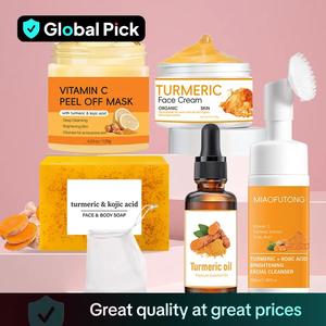 Turmeric Skin Care Kit, 6 Counts/set Including Soap & Face Cream & Mousse Cleanser & Face Oil & Vitamin C Peel Off Mask & Soap Bag, Skin Care Kit for Women & Men