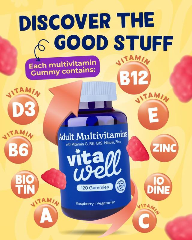 Adult Multivitamin Gummies - 120 Raspberry Flavour Gummies (2 Month Supply) | Complex Vitamin D Formula | Chewable Multivitamins for Men & Women | Immune Support | 10 Essential Adult Vitamin 3