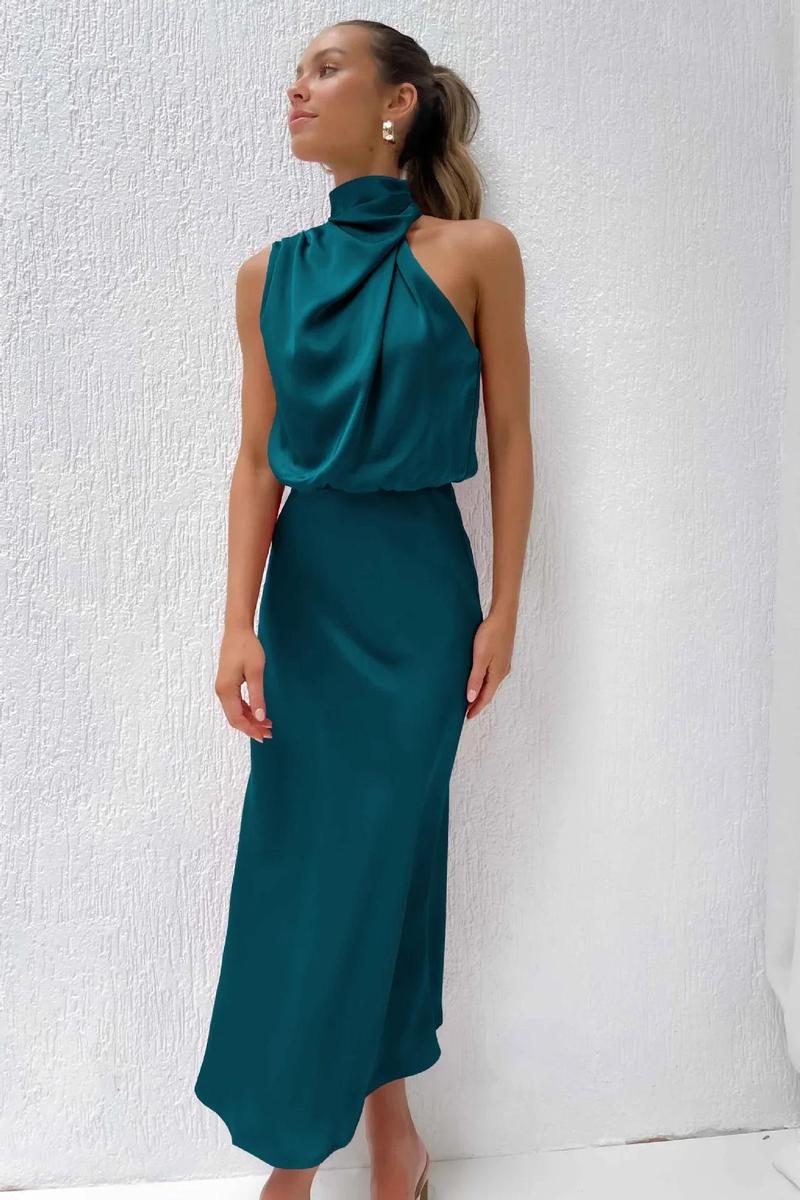 Product Introduction of 2025 Spring/Summer Long Dress for Women High Waist Halter Satin Sleeveless Dress Fashion Elegant Solid Evening Party Dresses 20
