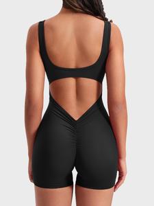 Women's Solid Cut Out Ruched Backless Sports Romper, One-piece Sports Tank Top, Solid Sleeveless Square Neck Romper for Yoga Gym Workout, Ladies Sportswear