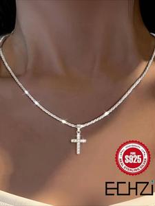 925 Sterling Silver Women's Elegant Chain Necklace, Exquisite Trendy Cross Pendant Necklace, Chic Jewelry As Gift for Girlfriend
