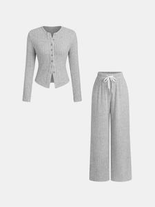 Women's Casual Long Sleeve Top & Straight Leg Pants Set, Pure Color Sleepwear for Spring & Fall, Comfortable Loungewear