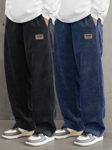 Men's Letter Patched Drawstring Waist Corduroy Pants, Casual Comfy Pocket Trousers for Fall & Winter, Men's Bottoms for Daily Wear