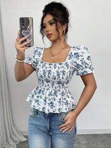 Women's Ditsy Floral Print Blouse, Casual Short Sleeve Top for Summer, Women's Clothing for Daily Wear, Womenswear