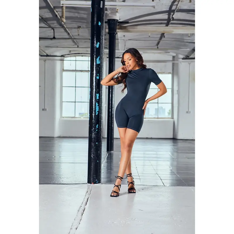 Charcoal High Neck Lace Up Back Unitard Playsuit 4