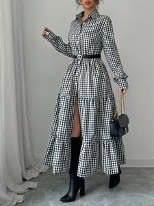 Women's Plaid Print Ruffle Trim Dress, Elegant Fashion Casual A Line Dress for Daily Outdoor Wear, Women Dress for Fall & Winter, Casual Dresses