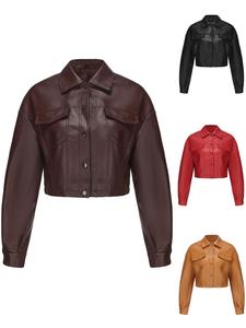 Women's Solid Button Front Drop Shoulder PU Leather Crop Jacket, Street Fashion Long Sleeve Collared Outerwear for Daily Wear, Ladies Fall Clothes