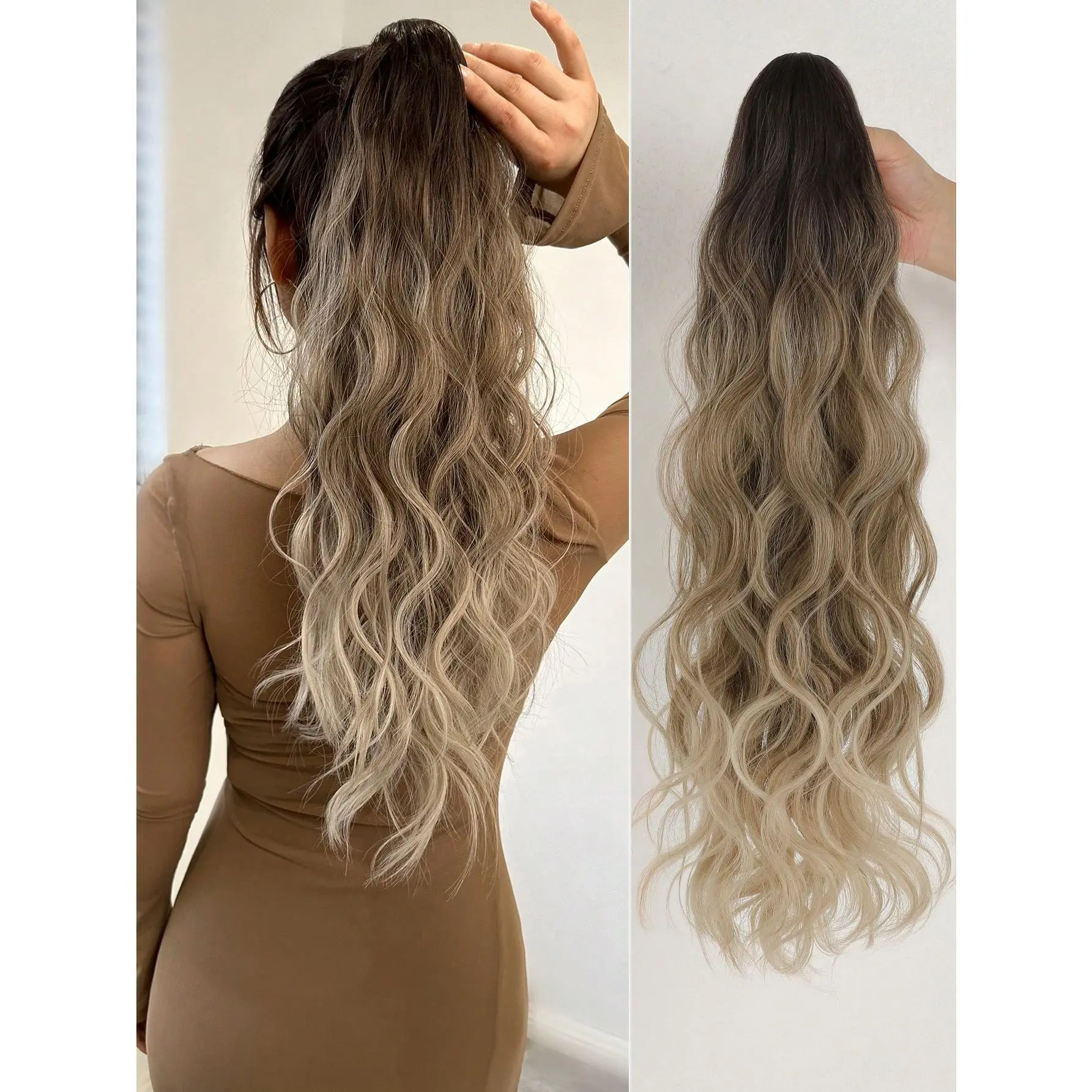 Claw Ponytail Extension 24 Inch Ombre Water Wave Natural Wavy Clip In Hair Extensions Soft Natural Looking Heat Resistant Fiber Synthetic Hairpiece For Women