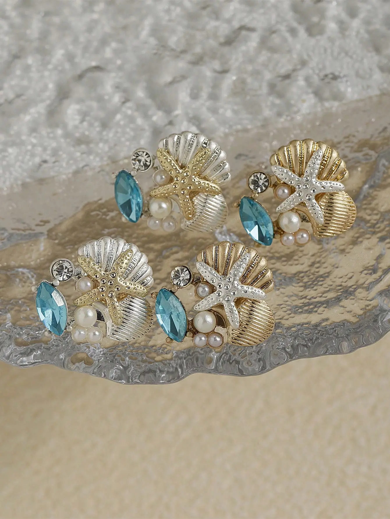 1 Pair Women’s Ocean-Themed Stud Earrings – Starfish Design with Glass Gemstones, Shells & Faux Pearls for Daily Wear or Beach Outfits