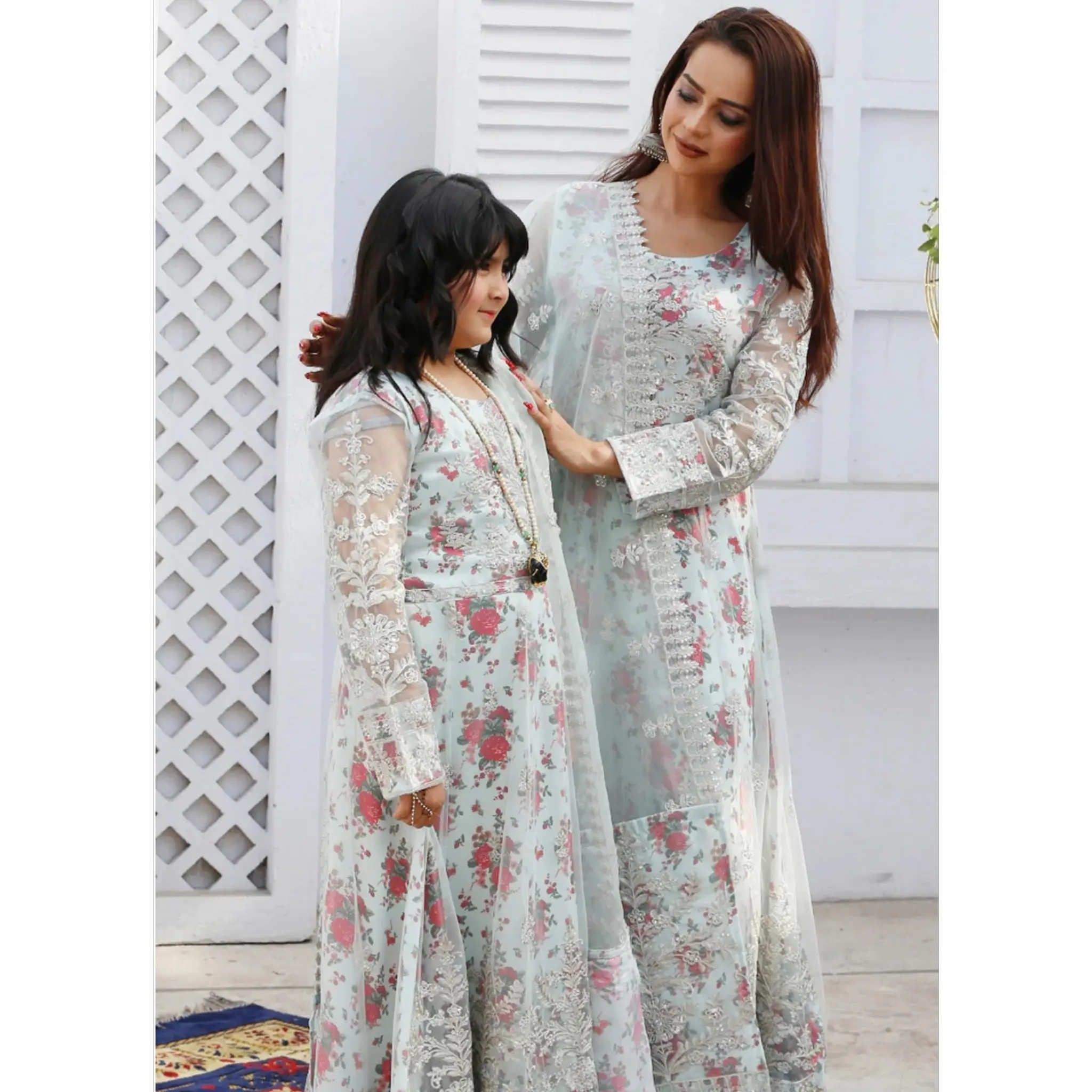 SOFIA KHAS (SFSH-02) READYMADE 3 PC SUIT | HEAVILY EMBROIDERED LUXURY NET FROCK EID KE RANG MOTHER & DAUGHTER BY SOFIA KHAS 25'