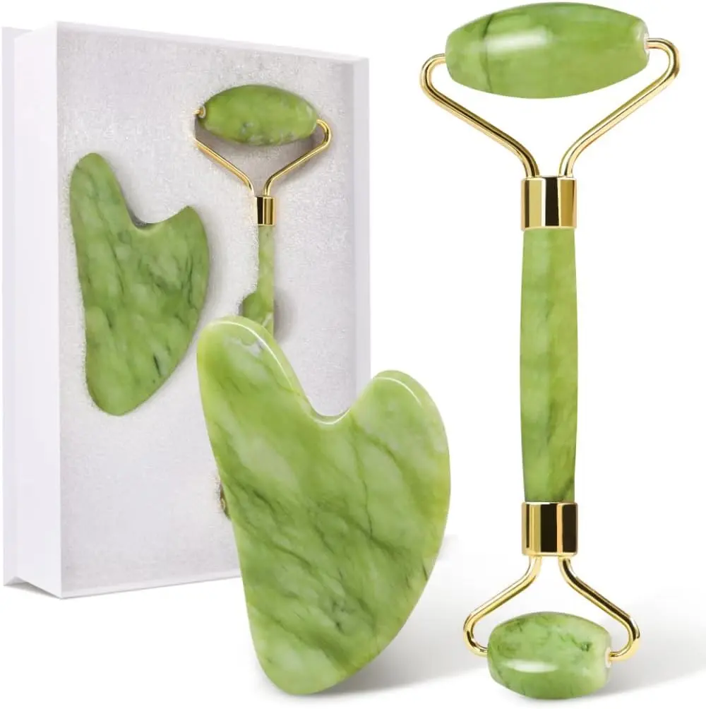 Gua Sha and Jade Roller Set for Skin Care Routine, Comfort Gua Sha Stone, Massage Tool for Face, Neck and Body Muscle