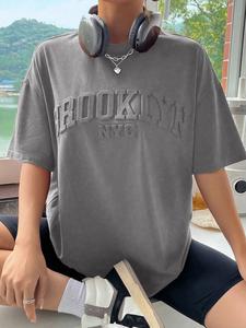 Women's 3d Letter Print Drop Shoulder Short Sleeve Tee, Casual Fashion Round Neck T-shirt for Summer, Women's Knit Top for Daily Wear, Workwear for Women, Graphic Tees