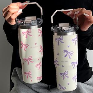 Butterfly & Heart Pattern Vacuum Flask, 1 Count Large Capacity Insulated Water Bottle with Handle & Straw, Summer Cool Bottle Drinking Cup for Home Office School, Drinkware