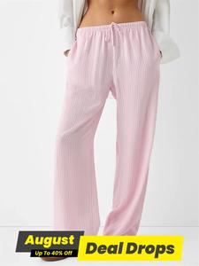 Women's Striped Print Drawstring Waist Wide Leg Pants, Casual Pocket Trousers for Daily Wear, Ladies Bottoms for All Seasons, National Day Clothing, Baggy Pants