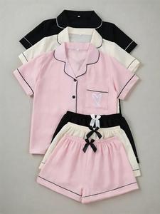 Women's Heart Embroidery Shortsleeve Top & Shorts Pyjama Set, Minimalist Casual Comfy Pj Set for Women, Women's Sleepwear for All Seasons, Loungewear, Homewear, Womenswear, Lady Pajama Set, Soft Sleepwear Loungewear