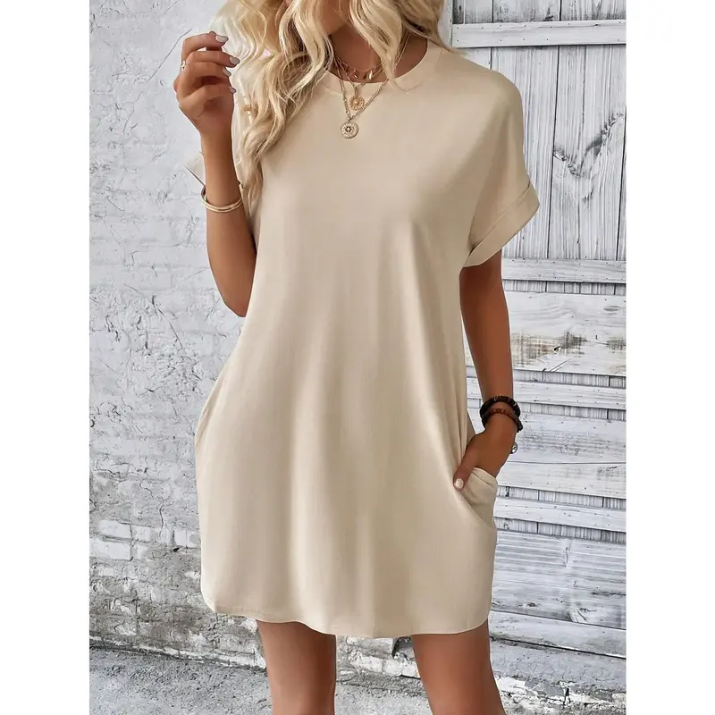 INAWLY Solid Batwing Sleeve Hidden Pocket Tee Dress Casual Womenswear Summer Comfort Apricot Basic Minimalist Shortsleeve 2