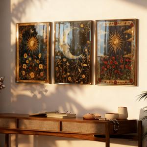 Vintage Floral Style Canvas Painting without Frame, 3 Counts/set Sun & Moon & Starry Sky Pattern Wall Art, Wall Decor for Home Living Room Bedroom