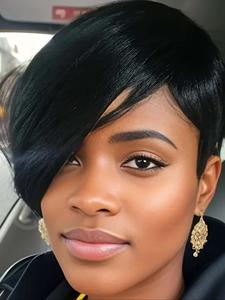 6 Inch Short Layered Cut Wigs for Women, Gorgeous Fluffy Wigs with Bangs, Human Hair Wigs for Party, Daily Use