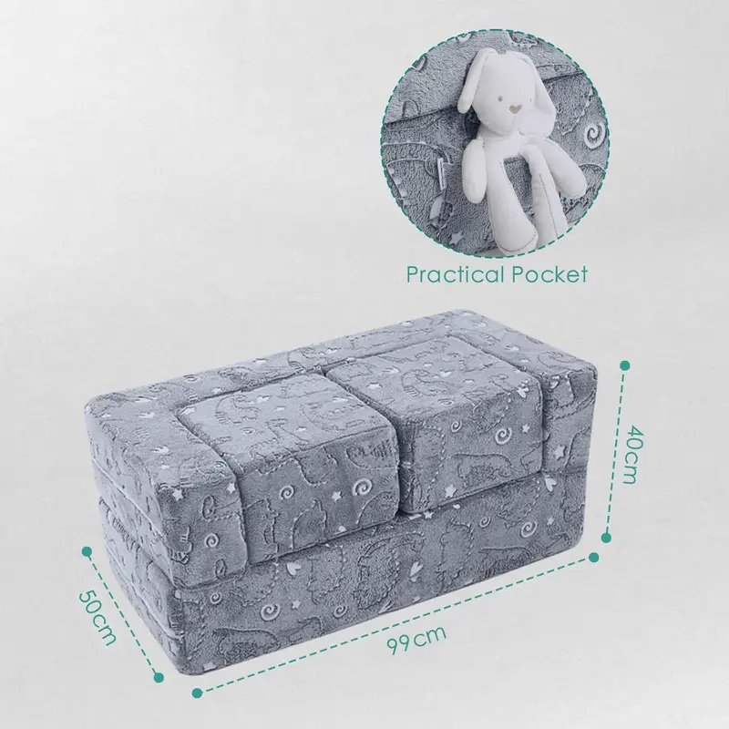 MeMoreCool Kids Sofa Bed, Modular Toddler Chair Couch, Glow in The Dark Baby Mini Couch Lounger Fold Out, Kids Bedroom Furniture for Playroom, Grey Dinosaur 1