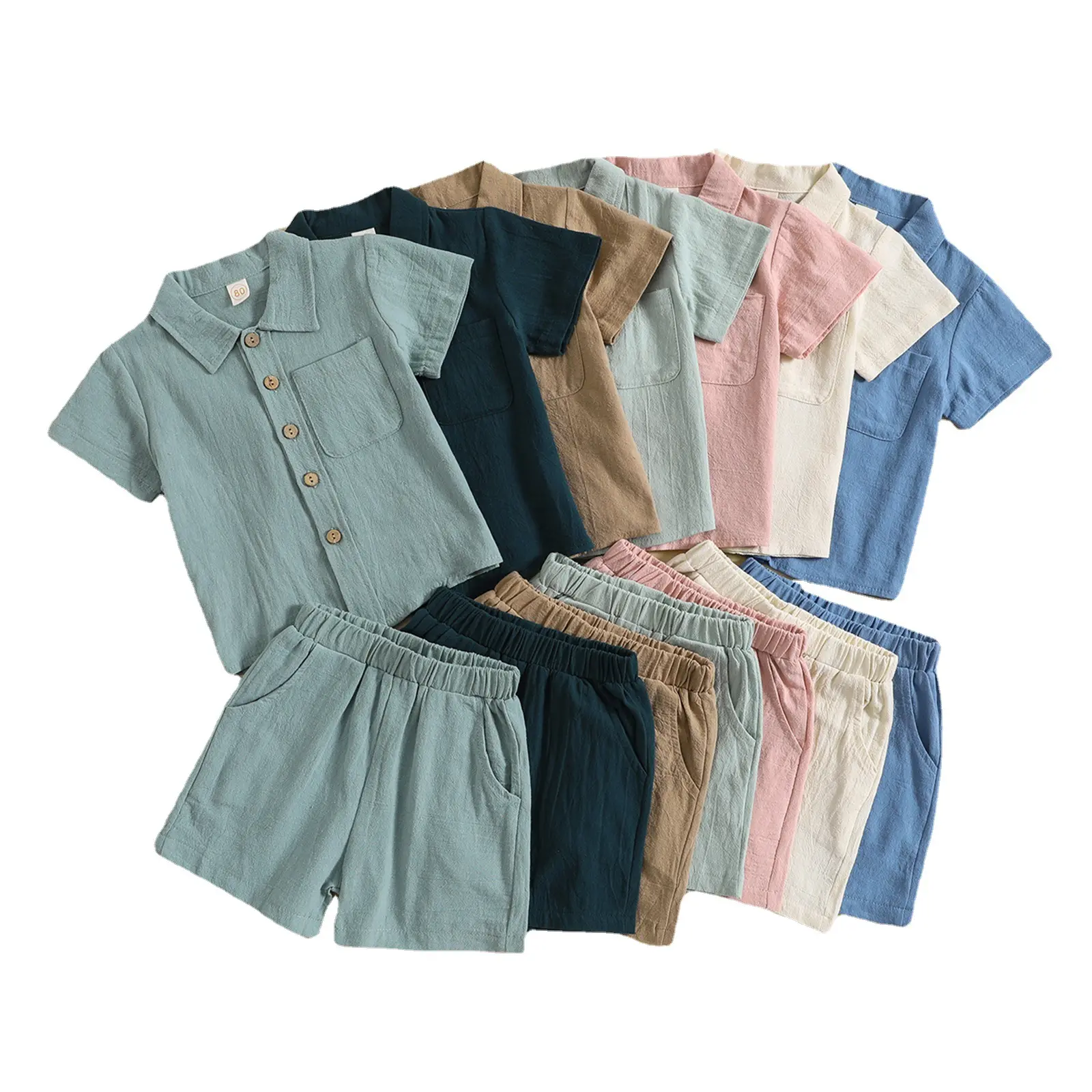 Summer Cotton Linen Casual Style Short-Sleeved Lapel Polo Shirt Solid Color Boys Summer Short Sleeves Shirts +Shorts 2PCS Suits