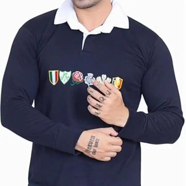 Navy Six Nation Rugby shirt for men with Long sleeves and Embroidered Logo Casual Collar Fashion Gym