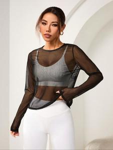 Women's Solid Sheer Round Neck Mesh Sports Tee without Bra, Long Sleeve Crew Neck T-shirt for Daily Outdoor Wear, Ladies Sportswear Training  for All Seasons