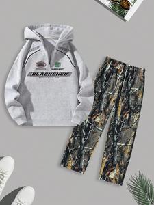 Men's Letter Print Hoodie & All Over Print Pants Two-piece Set, Casual Long Sleeve Hooded Sweatshirt & Trousers for Spring & Fall, Fashion Men's Two-piece Outfits for Daily Wear
