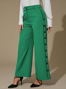 New Women's Fashion High Waist Wide Leg Pants, Colorblock Design, Adjustable Side Slit, Elegant Commuter Street Style, No Belt Included