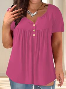 【Plus Size】 Solid Color Button Front Tee, Casual Short Sleeve Scoop Neck T-shirt for Summer, Women's Clothing for Daily Wear