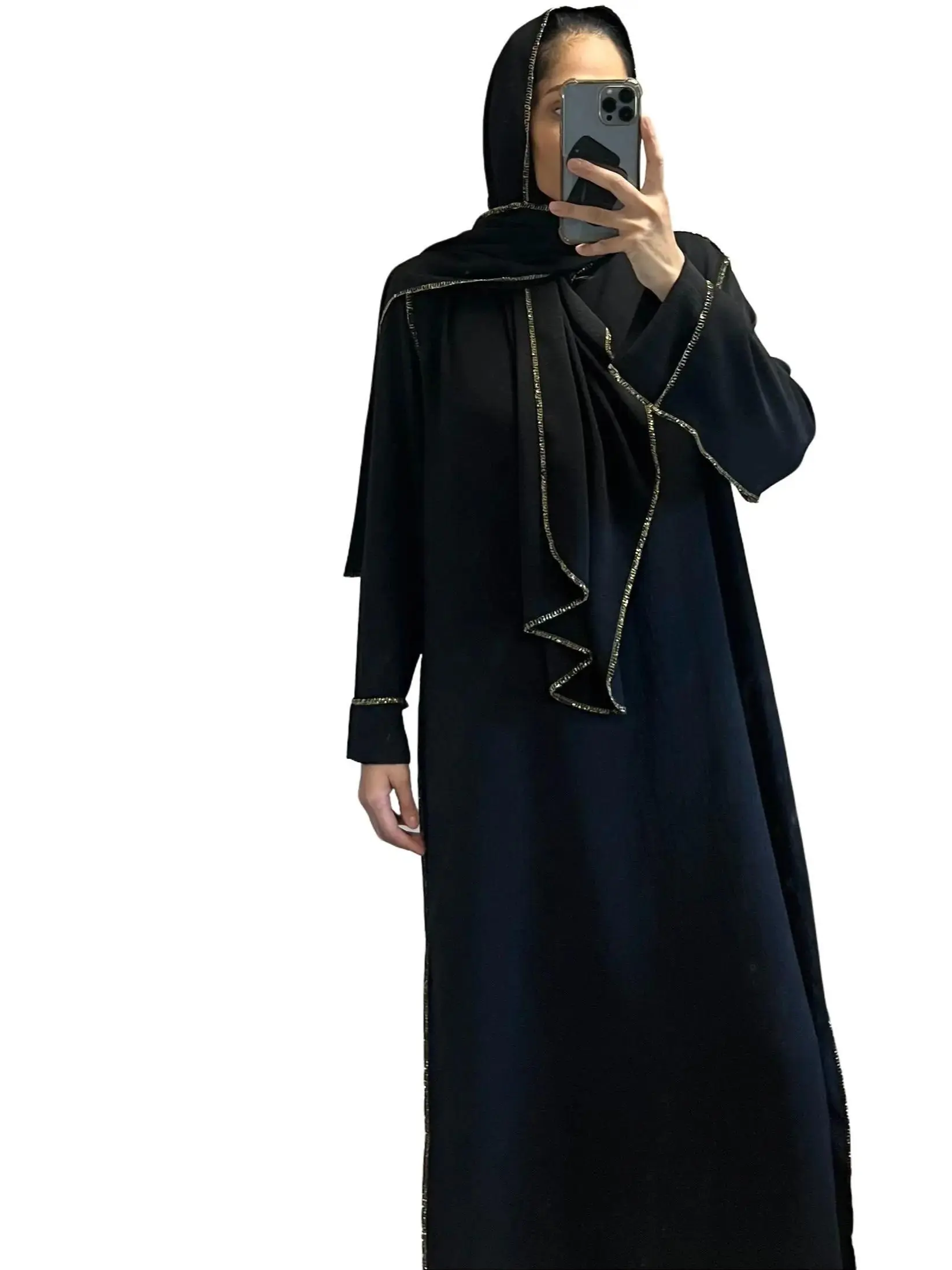 Elegant Black Abaya with gold trim with Matching Scarf - Modest & Timeless Design for Women abayastyle