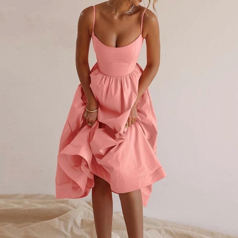 New Women's Clothing Temperament Commute Sexy Low-Cut Slim Fit Waist Trimming Spaghetti Straps Big Swing Dress Women Formal Womenswear 0