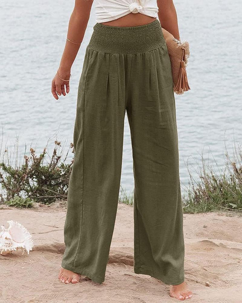 Product Introduction of Women's Plain Pocket Shirred Wide Leg Pants, Casual Elastic Waist Trousers for Beach Vacation Holiday, Ladies Bottoms for All Seasons 1