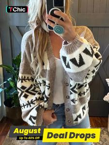 Women's Patchwork Geometric Print Button Front Cardigan, Casual Elegant Drop Shoulder Lantern Sleeve Knitwear, Cardigans for Women, Fashion Ladies' Knit Clothing for Daily Wear, Workwear for Women, Crochet Cardigan, Long Sleeve Womenswear