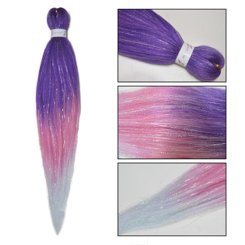 Purple Pink White 3 Tones Ombre Straight Braids Blend Hair Tinsel Festival Rave Hair Extensions for Girls Crazy Hair Day Braids 2