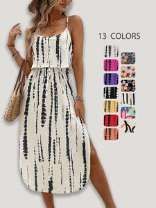 Women's All Over Print Tie Shoulder Cami Dress, Casual Adjustable Spaghetti Strap Long Dress for Summer, Ladies Clothes for Beach Holiday
