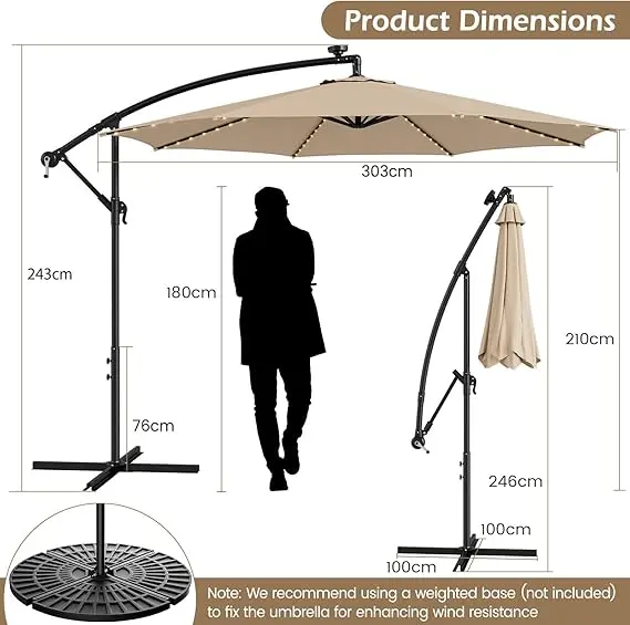 COSTWAY 3M Cantilever Garden Parasol with Solar-Powered LED Lights, Offset Banana Umbrella with Tilted Design, Crank Handle & Cross Base, Outdoor Hanging Sun Shade for Patio Market 4