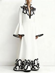 Women's A-Line Flare Sleeve Abstract Print Colorblock Cut-Out Patchwork Stand Collar Long Dress, Elegant Casual Fashion