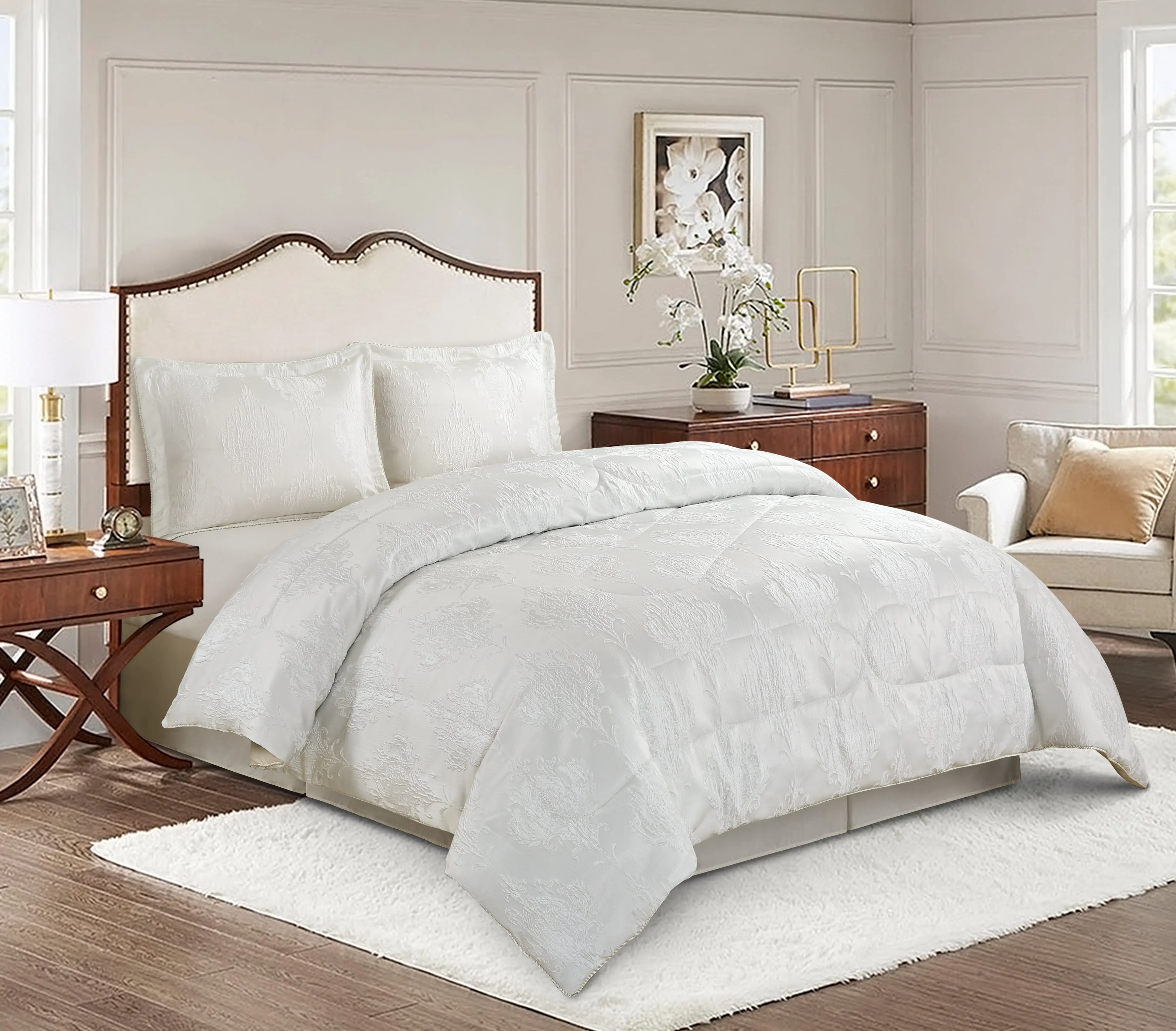 3 Piece 7 Piece Luxury Jacquard Cream Bedding Set Bedspread Comforter Bedding Set Throw Curtains sets - 3 Piece Comforter Set - 7 Piece Bedding Set - Ring Top Eyelet Curtains quilt