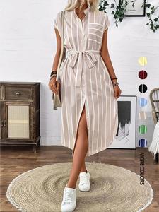 Women's Striped Print Belted Dress, Elegant Casual Comfy Fashion Dress for Summer, Ladies Clothes for Daily Wear, Dresses