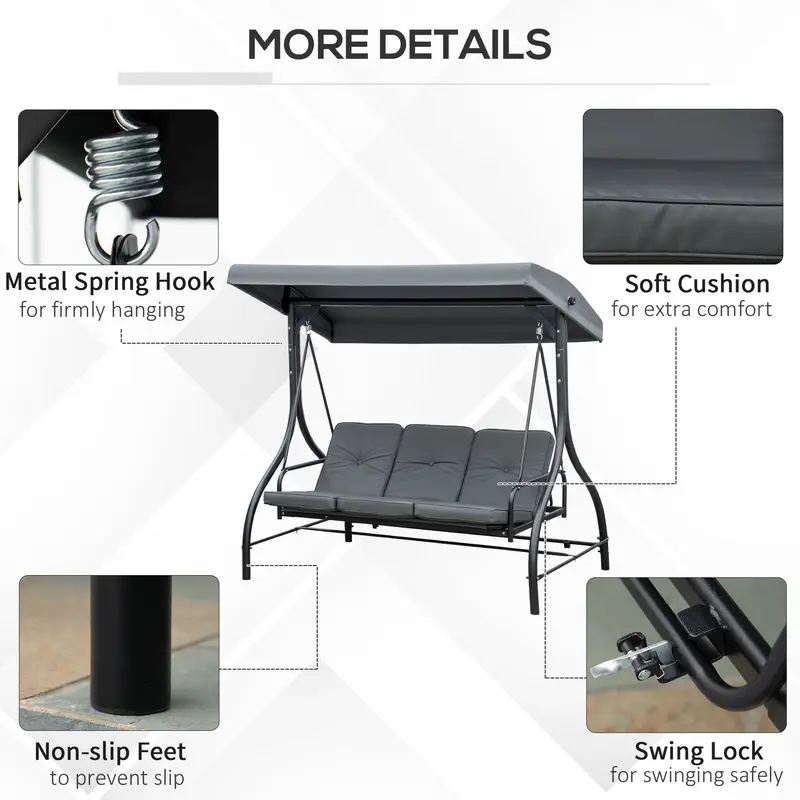 3 Seater Canopy Swing Chair, 2 in 1 Garden Swing Seat Bed, with Adjustable Canopy and Metal Frame, Dark Grey 6