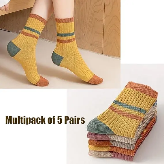 Women's Retro Calf Socks - Multipack of 5 Pairs, Soft & Comfortable for Everyday Wear - Womenswear 5