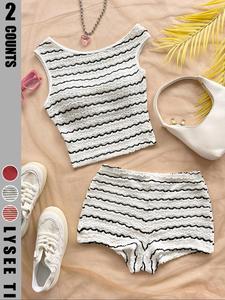 Women's Striped Print Crop Top & Shorts Two-piece Set, Casual Asymmetric Shoulder Sleeveless Top & Skinny Shorts, Ladies Summer Outfits, Clothing, Summer Gift Set