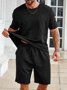 Men's Solid Waffle Knit Short Sleeve Tee & Pocket Shorts Set, Regular Fit Casual Round Neck T-shirt & Shorts, Men's Summer Clothes