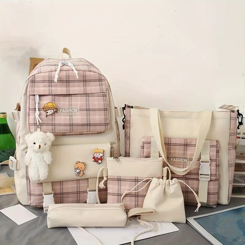 5pcs New Fashionable Plaid Cloth Contrast Color Large Capacity Campus Backpack Five-piece Set with Bear Pendant 6