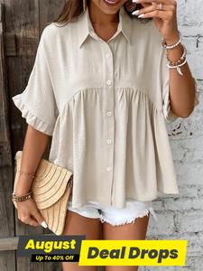 【Plus Size】 Lady Solid Color Shirt, Casual Fashion Chic Collared Blouse Top for Daily Wear, Women's Plus Clothing for All Seasons, Casual Breathable Elegance