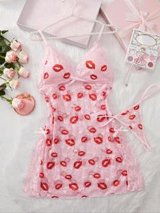 Women's Lip Print Lace Trim Cami Nightdress & Thong Sexy Lingerie Set, Comfy Breathable Vneck Nightgown & Panty Set, Women's Sleepwear & Loungewear Set