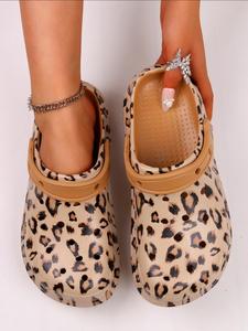 Women's Leopard Print Sandals, Thick Soft Sole, Two-Way Wear Home Garden Shoes, Lightweight Anti-Slip Eva Slippers, Breathable Hollow Out Beach Sandals, Slip On Clog