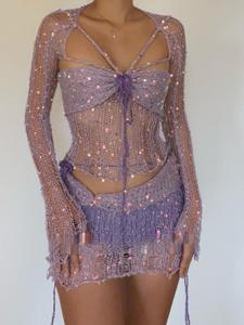 Women's Glitter Sequin Sheer Skirt Set, Elegant Fashion 2 Piece Set 2pcs Tie Front Top & High Waistskirt for Party Club Dating, Ladies Two-piece Outfits for All Seasons, Long Sleeve