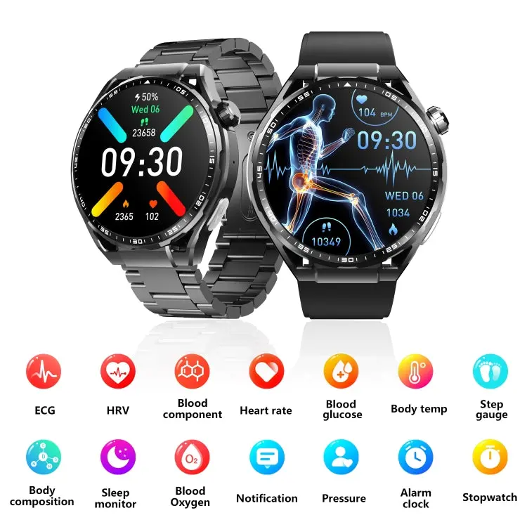 F200 Smart Health Watch ECG Electrocardiogram Blood Sugar Monitoring 1.55 Inch Round Screen, Black Silicone, Black Leather, Black Brown Leather, Black Milan, Black 3-Beads Steel, Black Bamboo, Black Gray Silicone 1